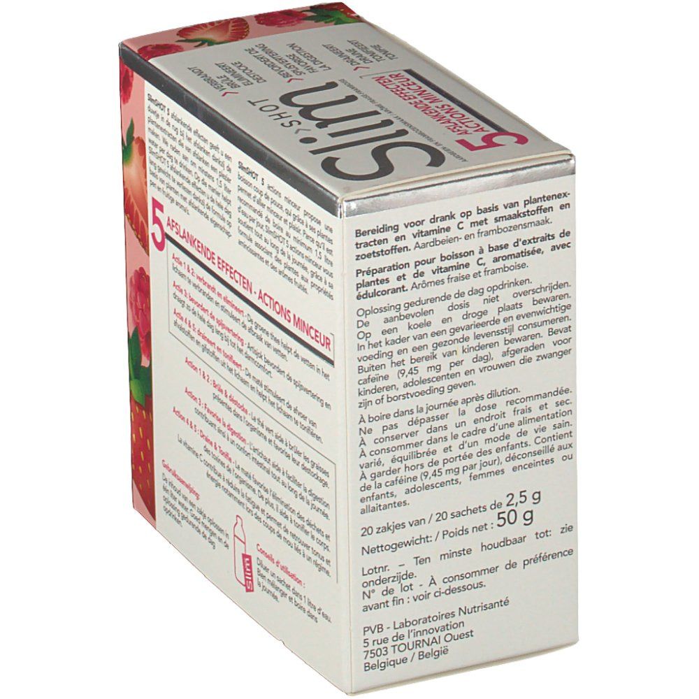 Scatola Slim Shot 5 Actions Minceur. Testo sull'uso e gli ingredienti. 20 bustine da 2,5 g.