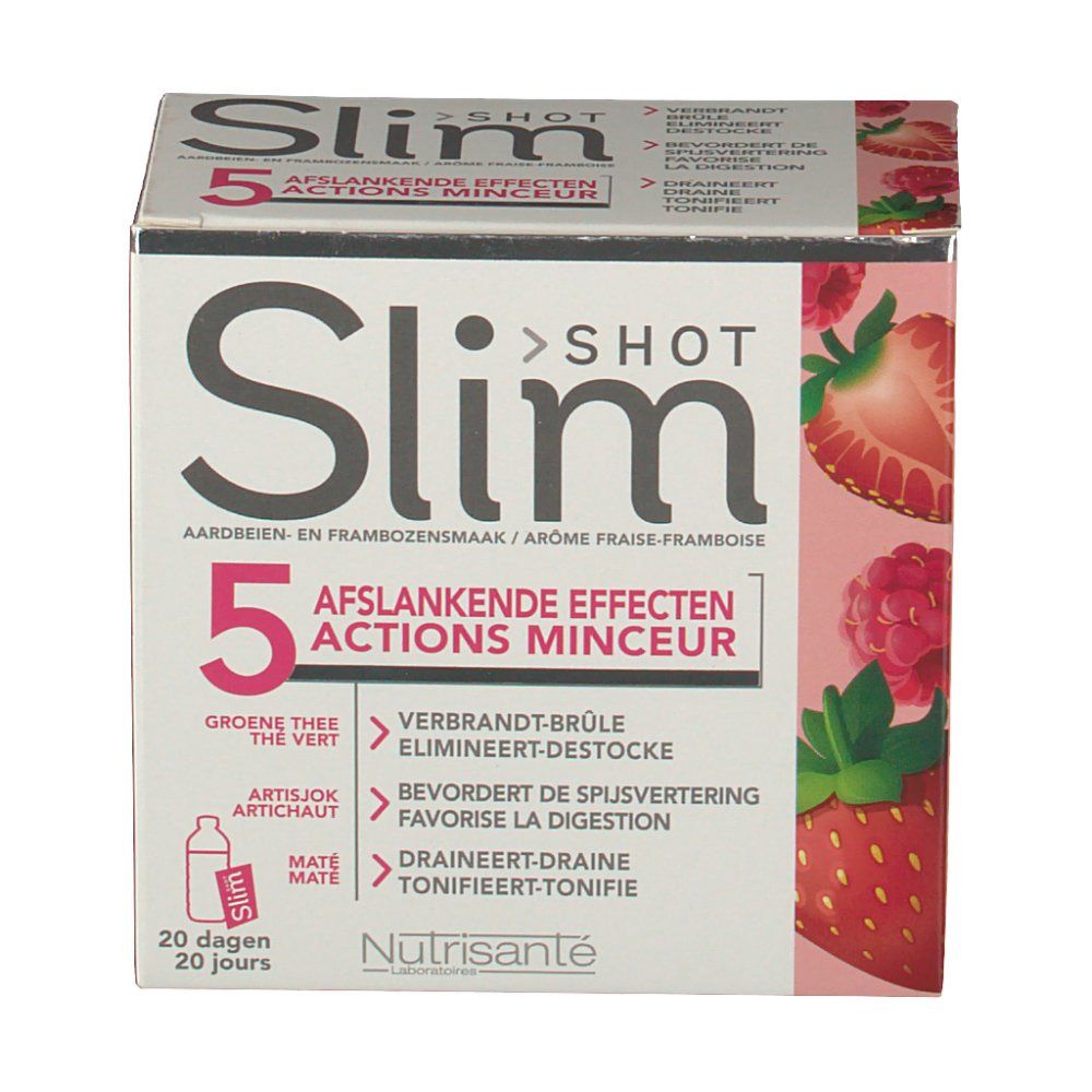 Scatola Slim Shot 5 Actions Minceur, gusto fragola-lampone. Contiene tè verde, carciofo, mate. 20 giorni.