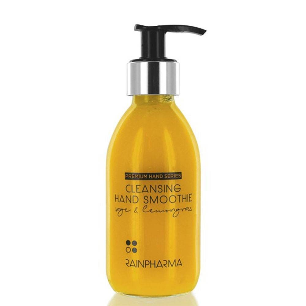 Flacone giallo con erogatore nero. Scritta: Cleansing Hand Smoothie, Rainpharma.