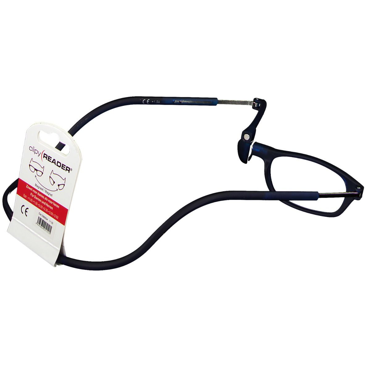 Occhiali da lettura blu +1,50, design diviso, cordino nero, confezione con marchio CE.