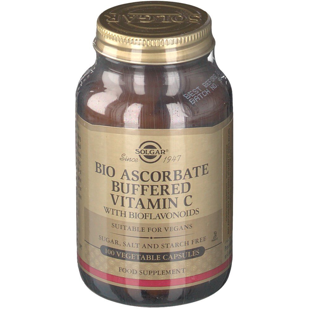 Flacone di vetro marrone con coperchio dorato. Etichetta con nome del prodotto: Bio Ascorbate Buffered Vitamin C. Adatto ai vegani.