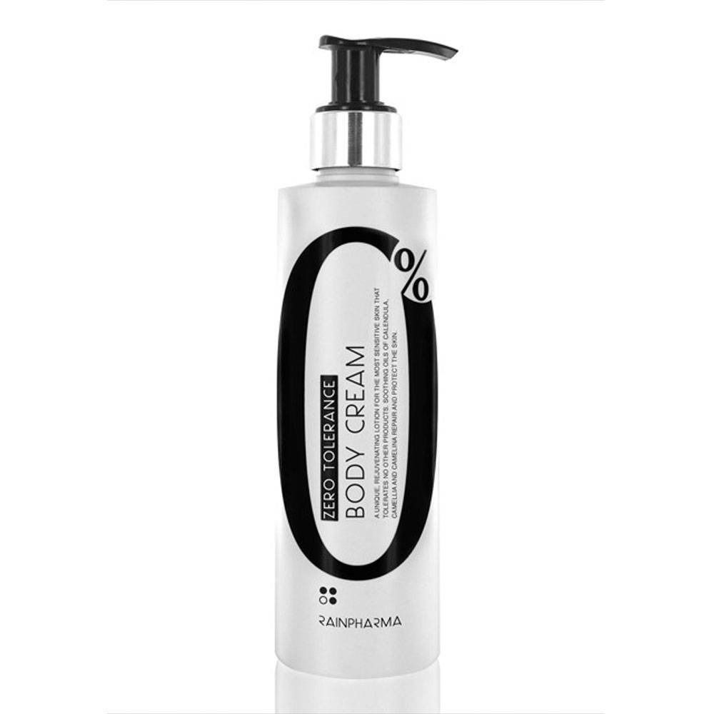 Flacone bianco con dosatore nero. Scritta: Zero Tolerance Body Cream. Marchio: Rainpharma. Stampa ovale nera con 0%.
