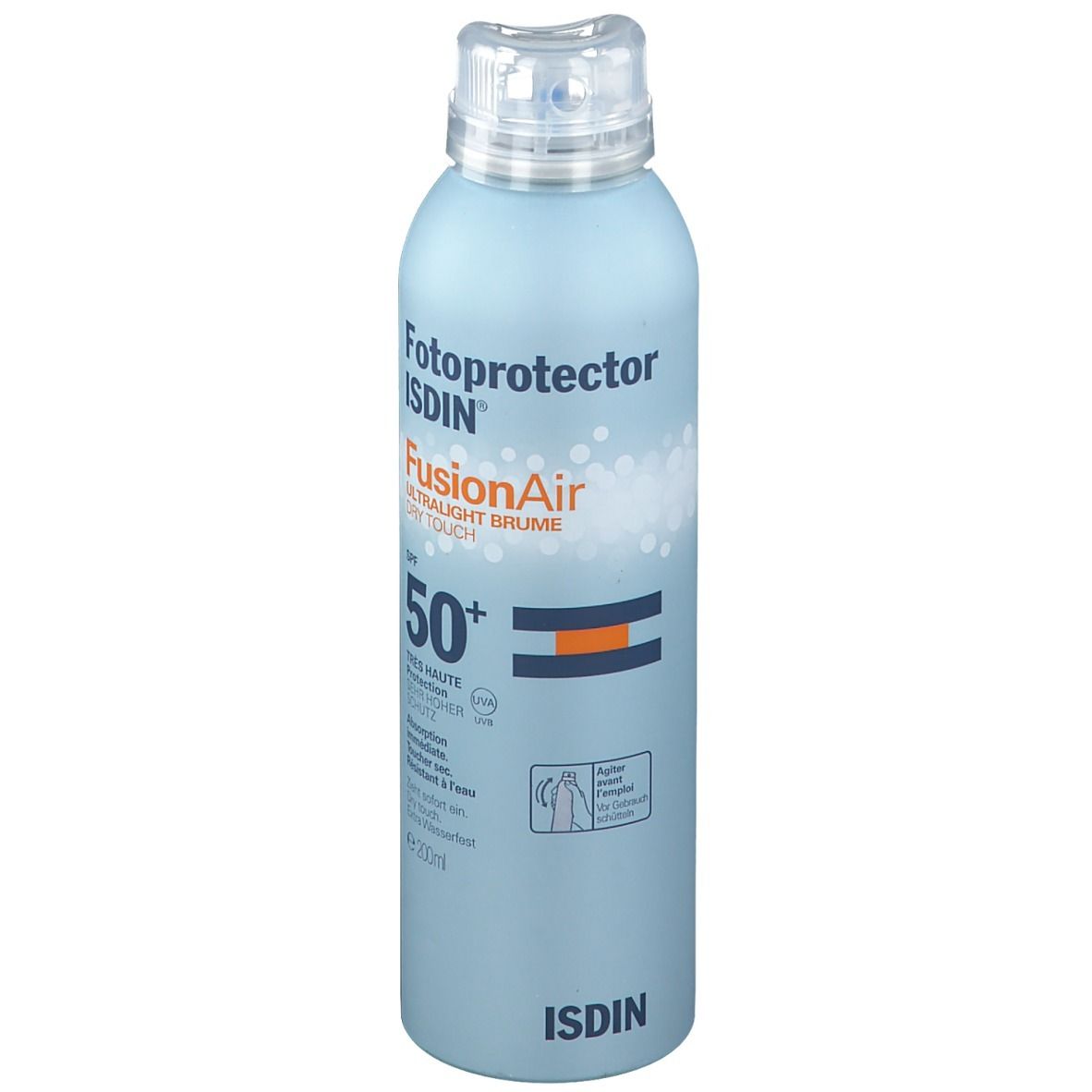 Flacone spray azzurro chiaro con tappo bianco. Scritta: Fotoprotector ISDIN Fusion Air SPF50+. Strisce arancioni e blu.