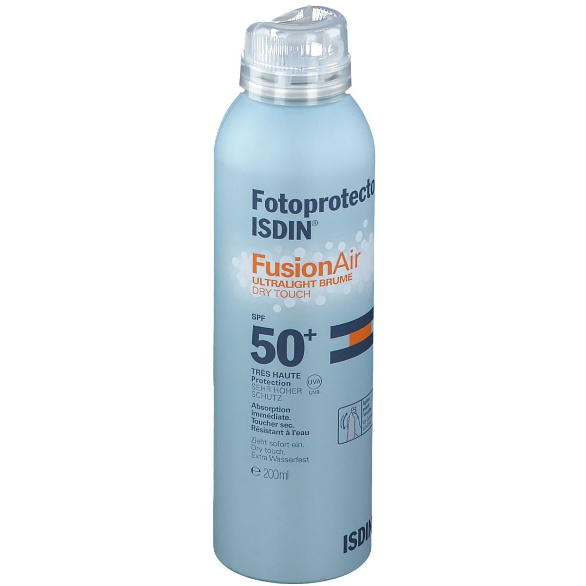 Flacone spray azzurro chiaro con tappo bianco. Scritta: Fotoprotector ISDIN Fusion Air SPF50+. Strisce arancioni e blu.