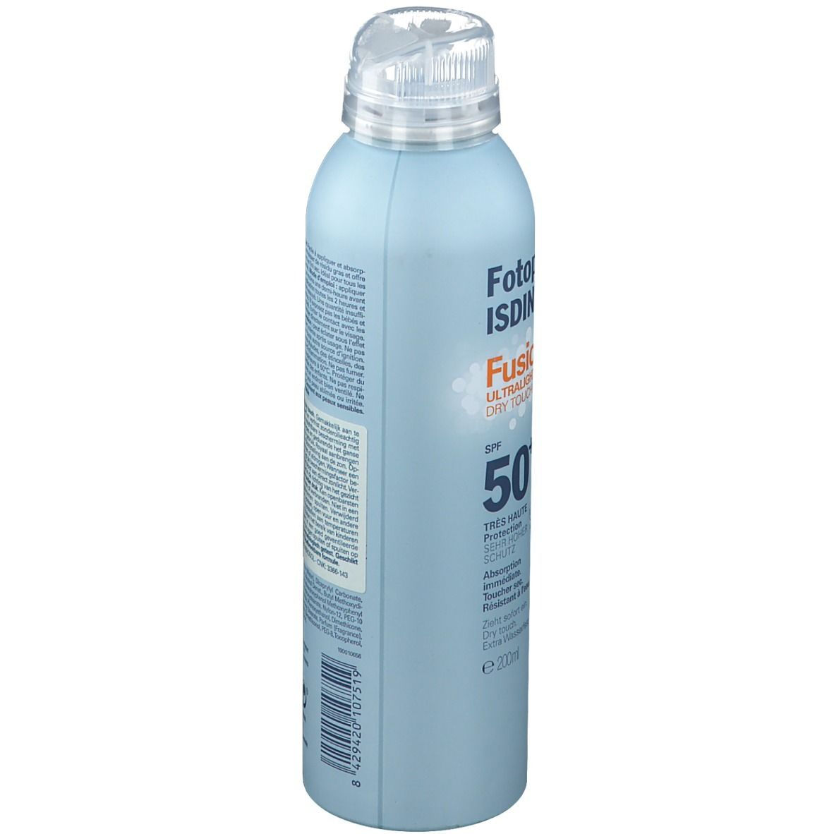 Flacone spray azzurro chiaro con tappo bianco. Testo e simboli laterali. Logo ISDIN in basso.