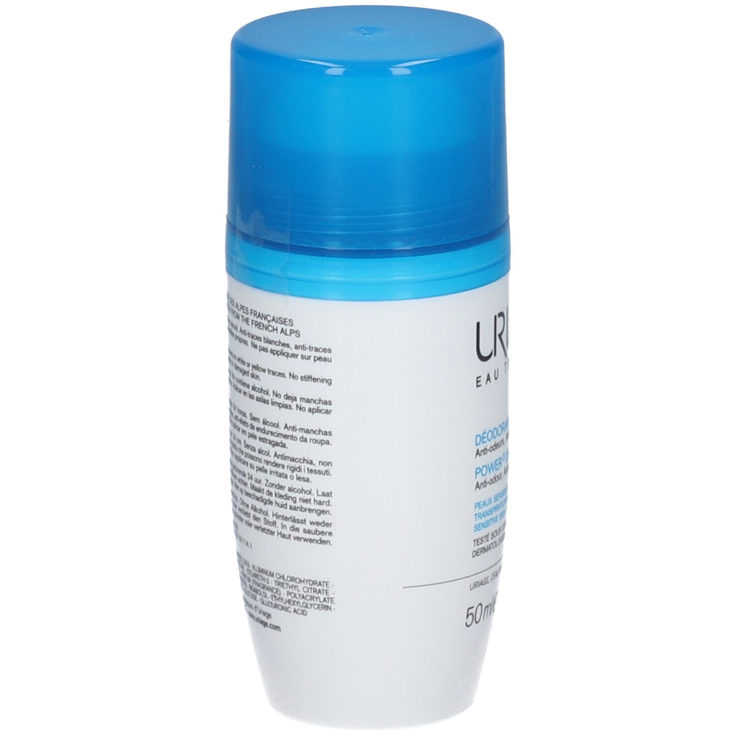 Primo piano. Deodorante roll-on, Uriage, Power3. Testo: Regola la traspirazione 24h, combina efficacia e rispetto della pelle.