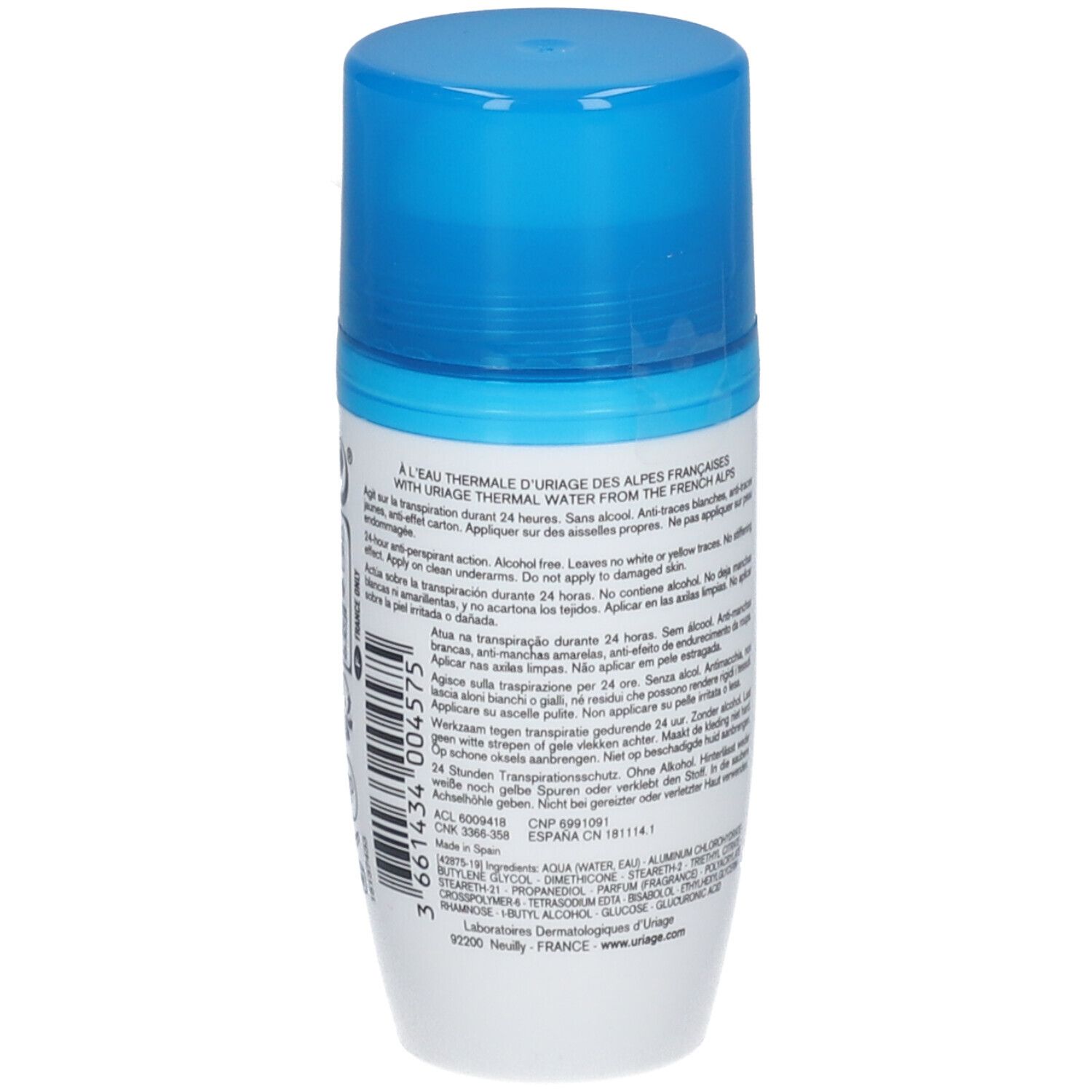 Primo piano. Deodorante roll-on, Uriage, Power3. Testo: Complesso anti-enzimatico, Bisabololo, Acqua Termale Uriage.