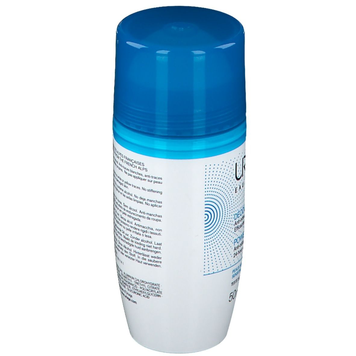 Primo piano di un braccio. Deodorante roll-on, Uriage, Power3. Testo: Senza alcol, senza macchie bianche.