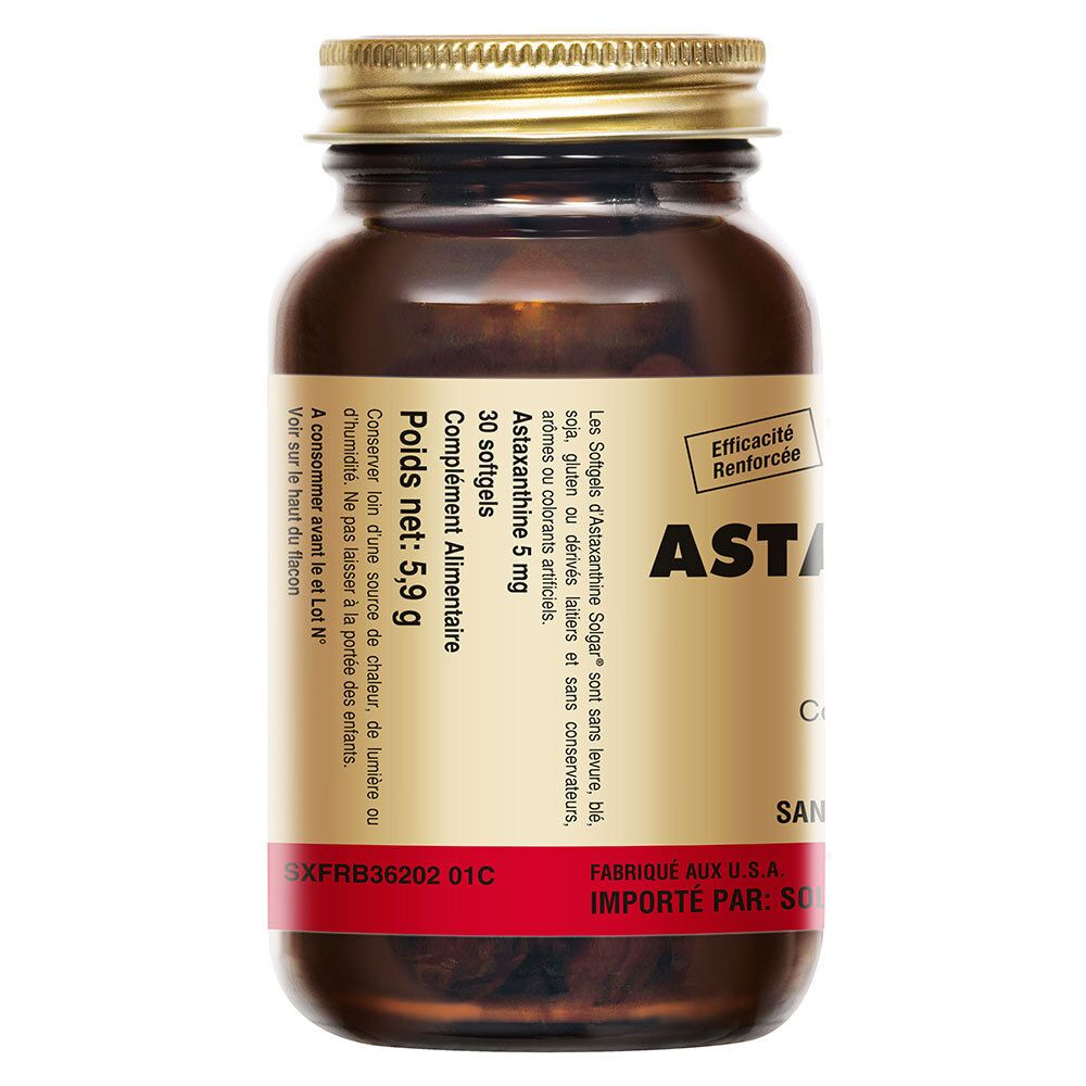 Retro del flacone. Testo: Astaxantina 5 mg, 30 softgels. Informazioni produttore. Marca: Solgar.