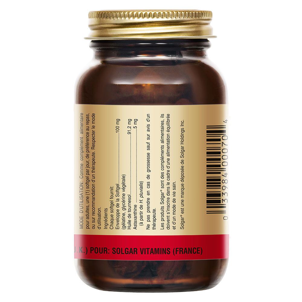 Retro del flacone. Testo: Ingredienti, dosaggio. Marca: Solgar.
