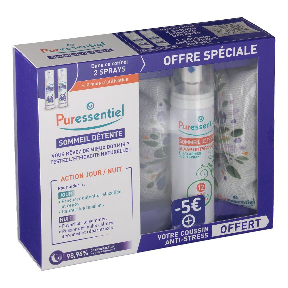 Confezione regalo Puressentiel Sommeil Détente con spray, cuscino e due spray. Offerta speciale -5€.