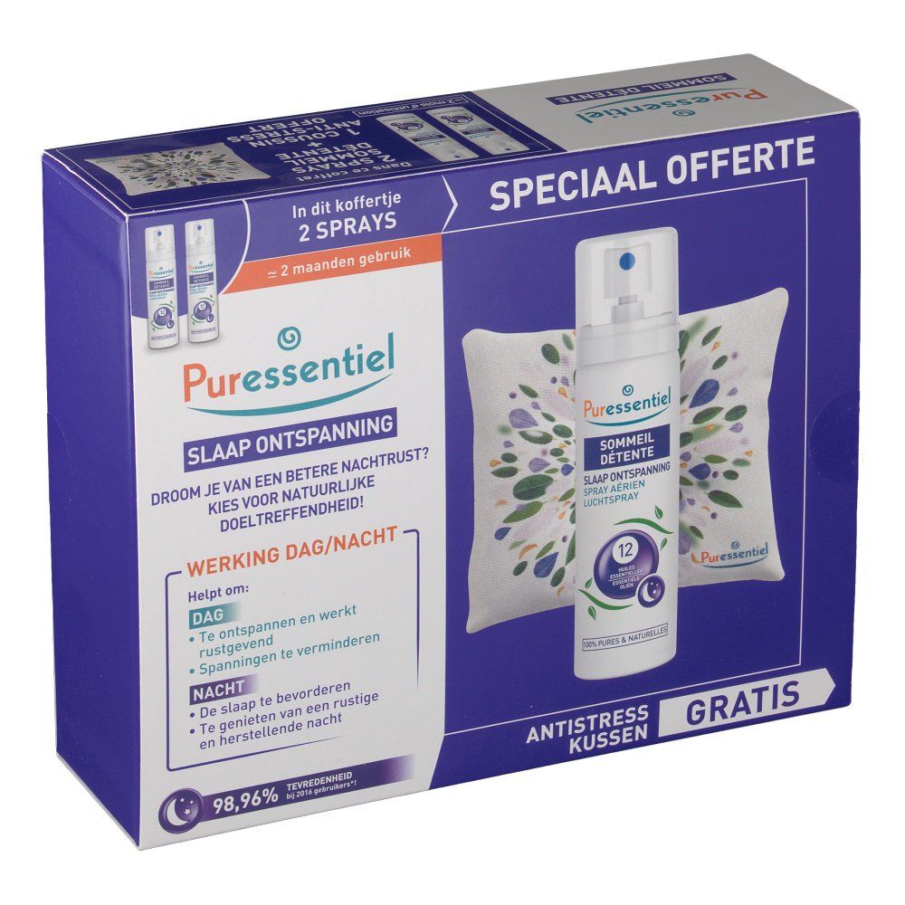 Confezione regalo Puressentiel Slaap Ontspanning con spray, cuscino e due spray. Cuscino antistress gratuito.