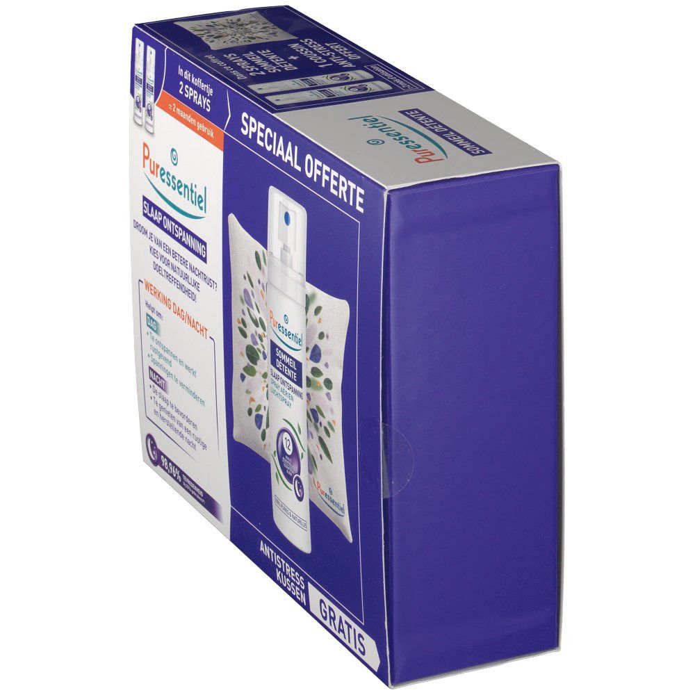 Scatola regalo inclinata con spray Puressentiel Slaap Ontspanning, cuscino e due spray. Gratuito.