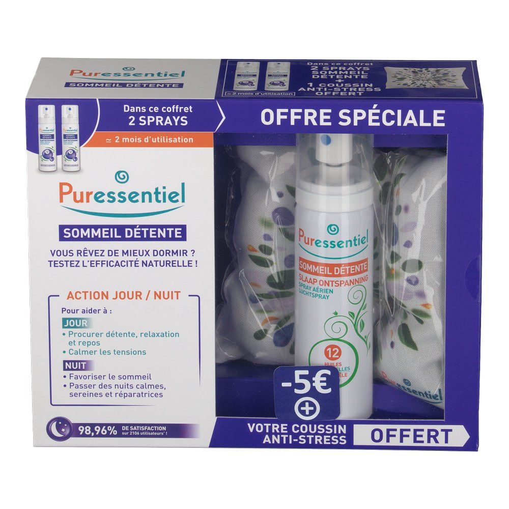Confezione regalo Puressentiel Sommeil Détente con spray, cuscino e due spray. Offerta speciale -5€.