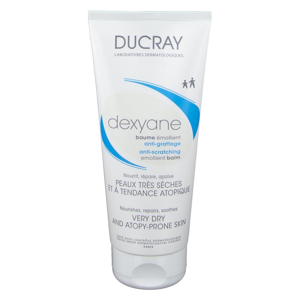 Tubo bianco con grafica blu e testo. "DUCRAY Dexyane" e informazioni sul prodotto. Include un tappo.