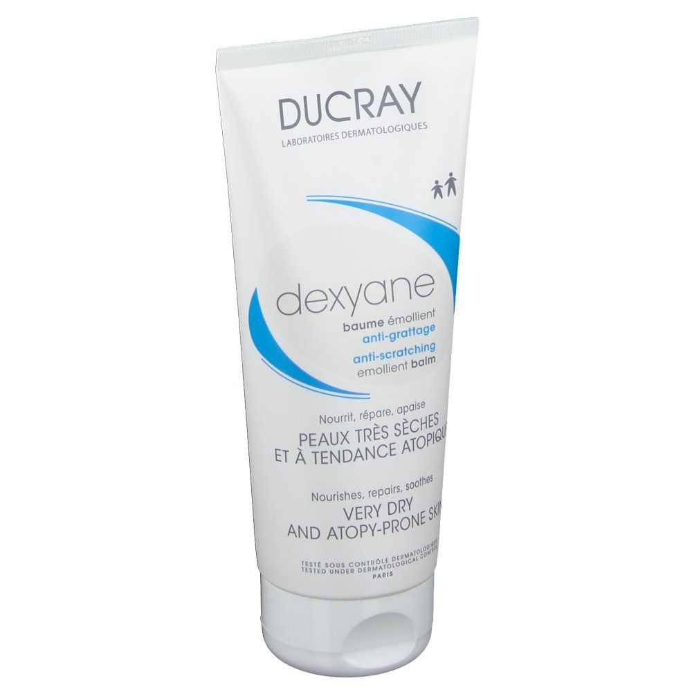 Tubo bianco con grafica blu e testo. "DUCRAY Dexyane" e informazioni sul prodotto. Include un tappo.