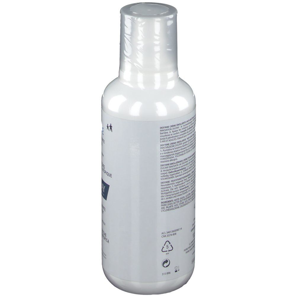 Flacone bianco con testo. Vista posteriore. Crema DUCRAY DEXYANE. Testo in francese e italiano.
