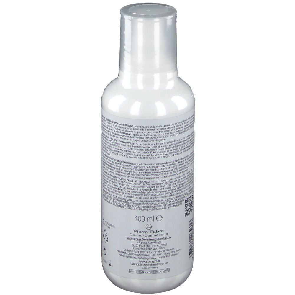 Flacone bianco con testo. Vista posteriore. Crema DUCRAY DEXYANE. 400 ml. Testo multilingue.