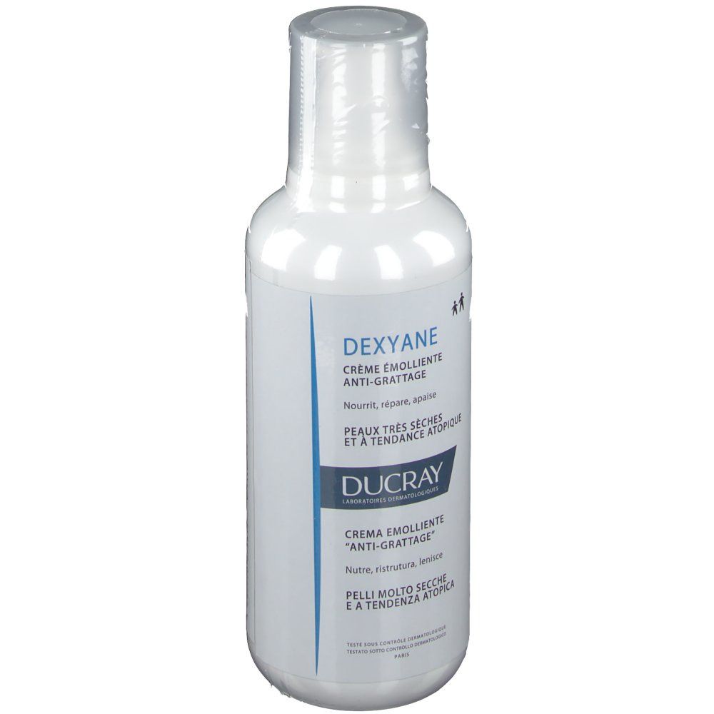 Flacone bianco di crema DUCRAY DEXYANE. Testo: Crema emolliente anti-grattage. Per pelli molto secche.
