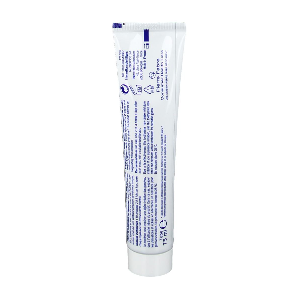 Tubo bianco con scritte blu, contenuto 75 ml.