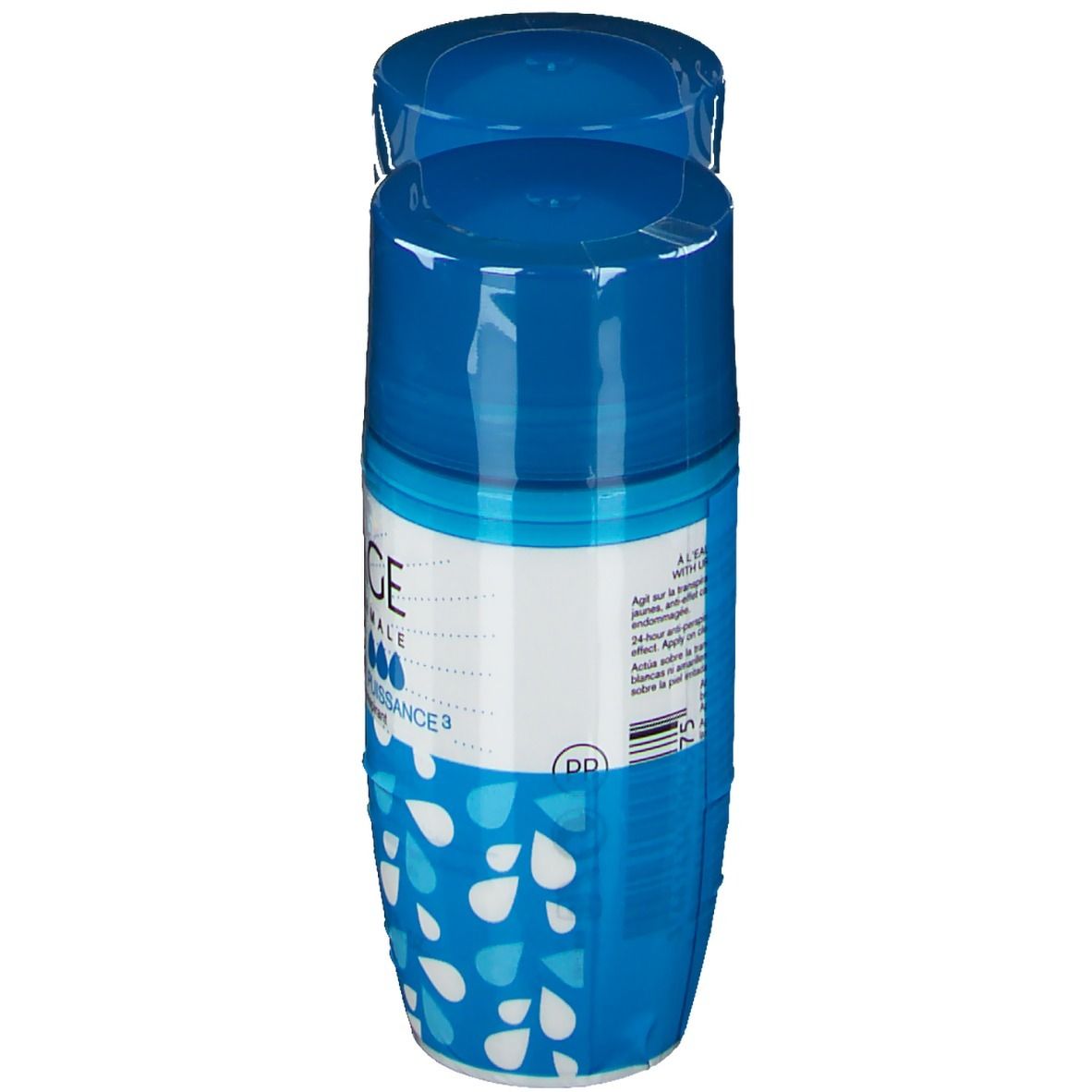 Roll-on blu, vista dall'alto. Scritta: Uriage, Deodorante Puissance 3. Confezionato in pellicola.
