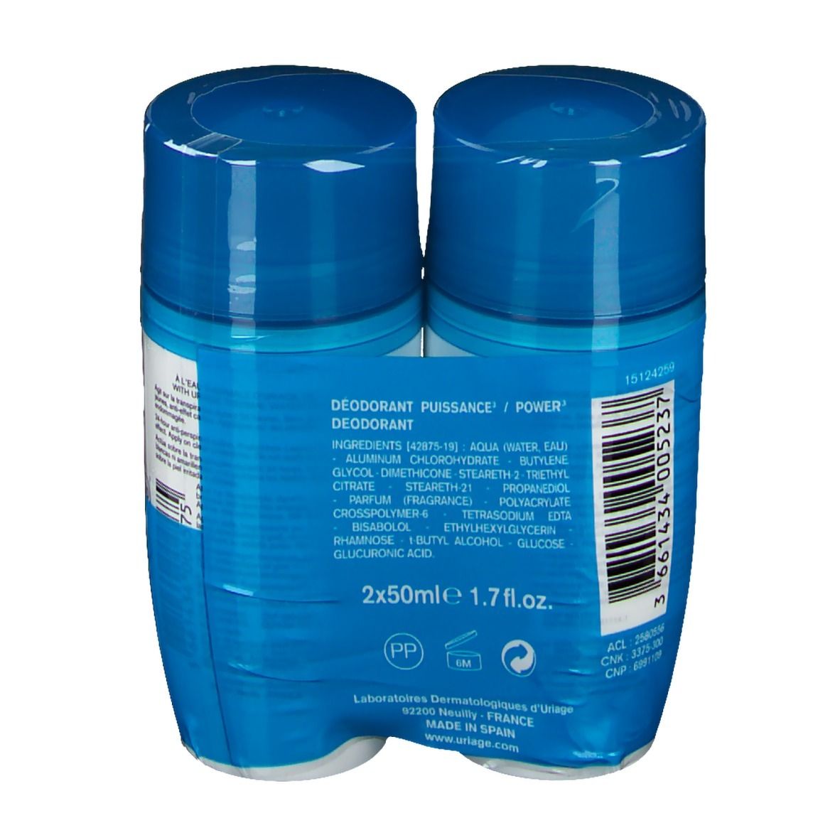 Retro di una confezione doppia di roll-on. Scritta: Deodorante Puissance, ingredienti, 2x50ml, 1.7 fl.oz.