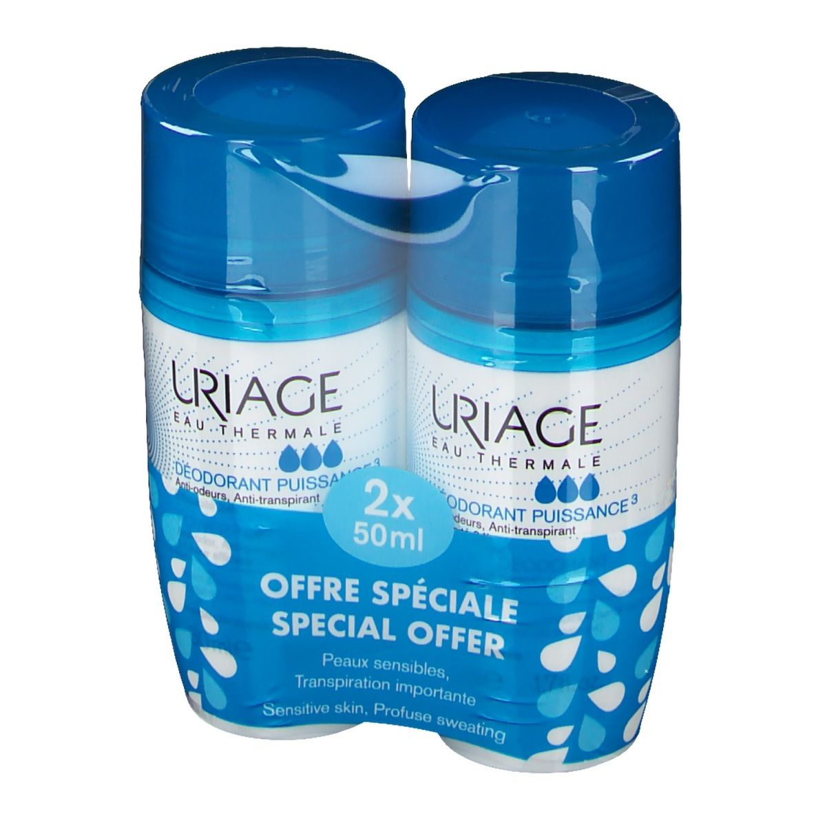Due roll-on blu in confezione. Scritta: Uriage, Deodorante Puissance, 2x50ml. Offerta speciale.