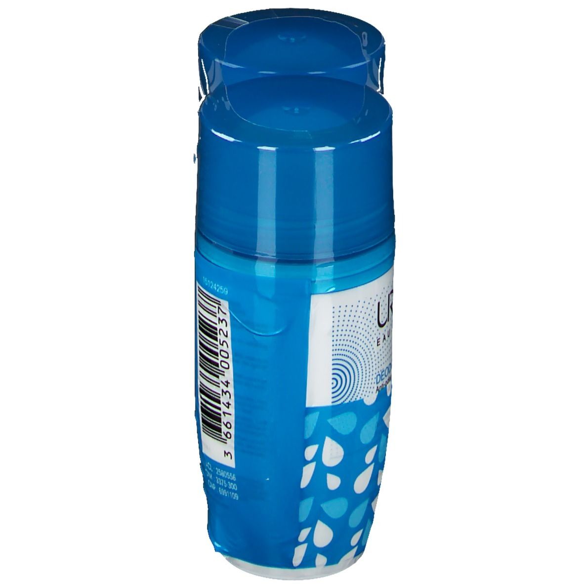 Roll-on blu, vista dall'alto. Scritta: Uriage, Deodorante Puissance 3. Confezionato in pellicola.