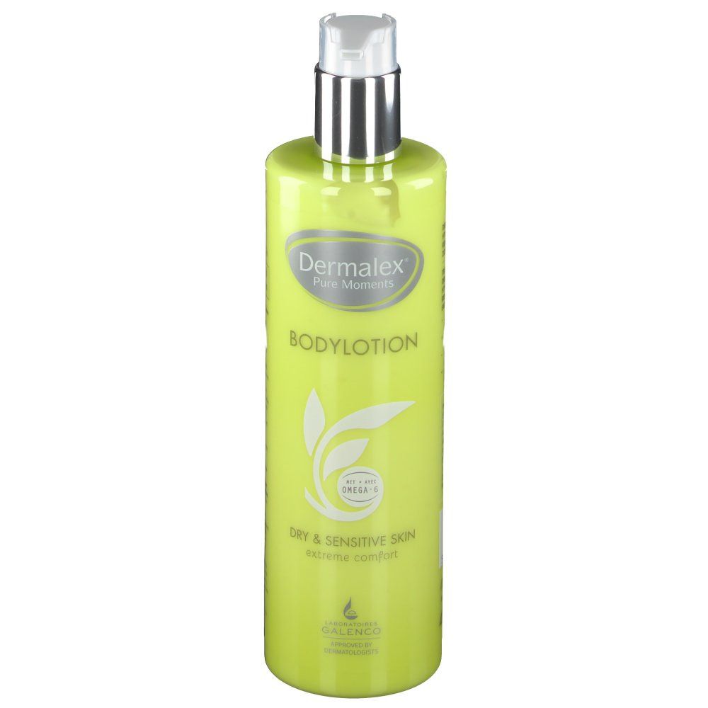Flacone verde con erogatore argentato. Scritta: Dermalex Bodylotion. Per pelli secche e sensibili.