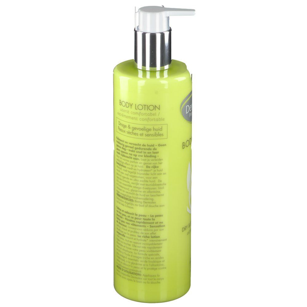 Flacone verde con erogatore argentato. Testo multilingue. Ingredienti e informazioni.