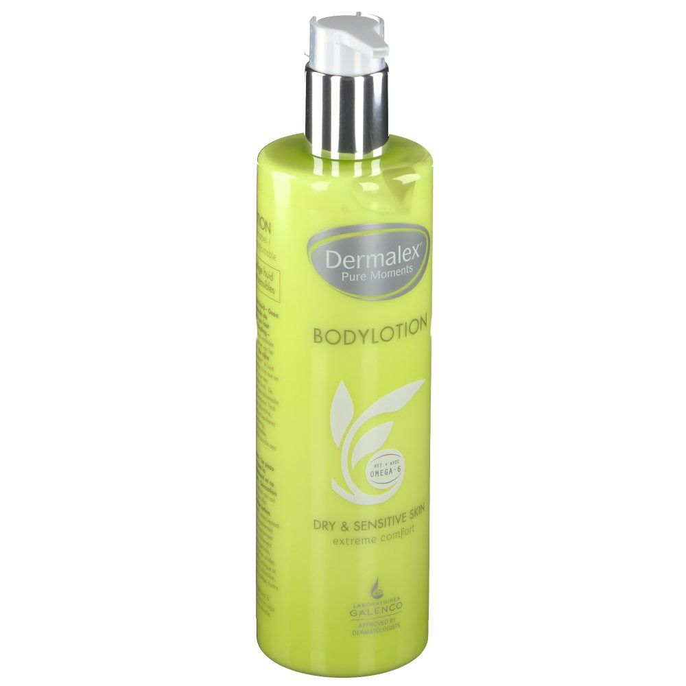 Flacone verde con erogatore argentato. Scritta: Dermalex Bodylotion. Per pelli secche e sensibili.