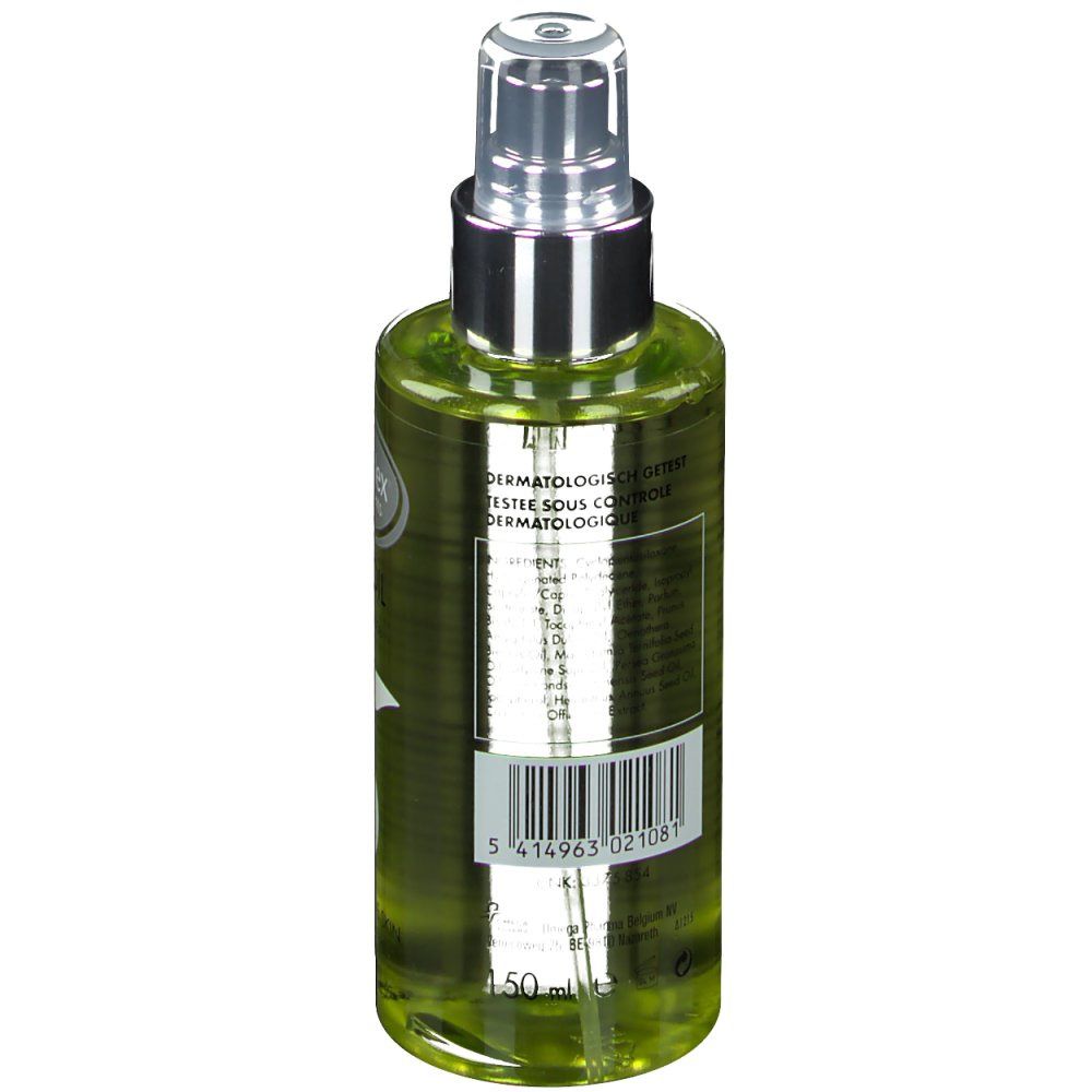 Retro del flacone spray. Dermalex Dry Oil. Codice a barre e testo. Testato dermatologicamente.