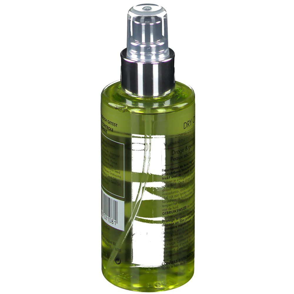 Vista posteriore del flacone spray. Dermalex Dry Oil. Codice a barre e testo. Testato dermatologicamente.