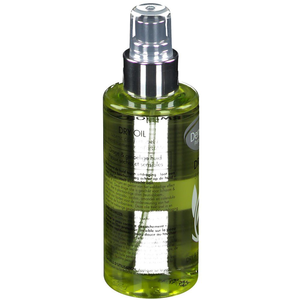Flacone spray con olio verde. Dermalex Dry Oil. Testo e informazioni. Per pelli sensibili.