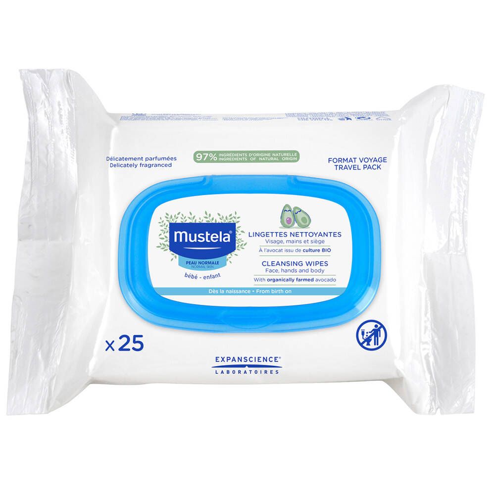 Confezione di salviette Mustela. Coperchio blu. Scritto: Salviette detergenti, 25 pezzi, viso, mani e corpo.