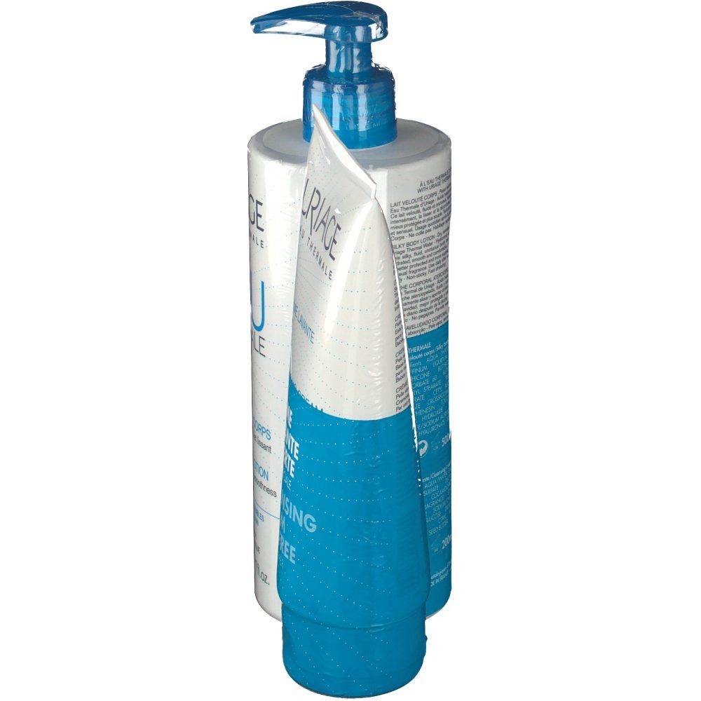 Due prodotti per la cura del corpo, bottiglia e tubetto, affiancati. Il tubetto è parzialmente davanti alla bottiglia.