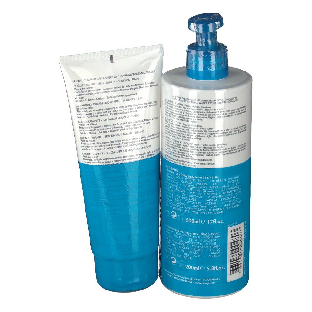 Vista posteriore di due prodotti per la cura del corpo. Una bottiglia e un tubetto. Testo visibile su entrambe le confezioni.