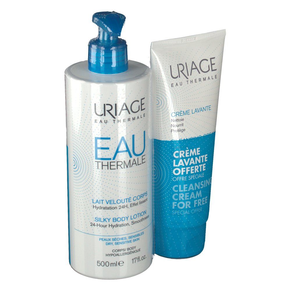 Due prodotti per la cura del corpo. Una bottiglia con dosatore a pompa e un tubetto. Entrambi con dettagli blu e bianchi.