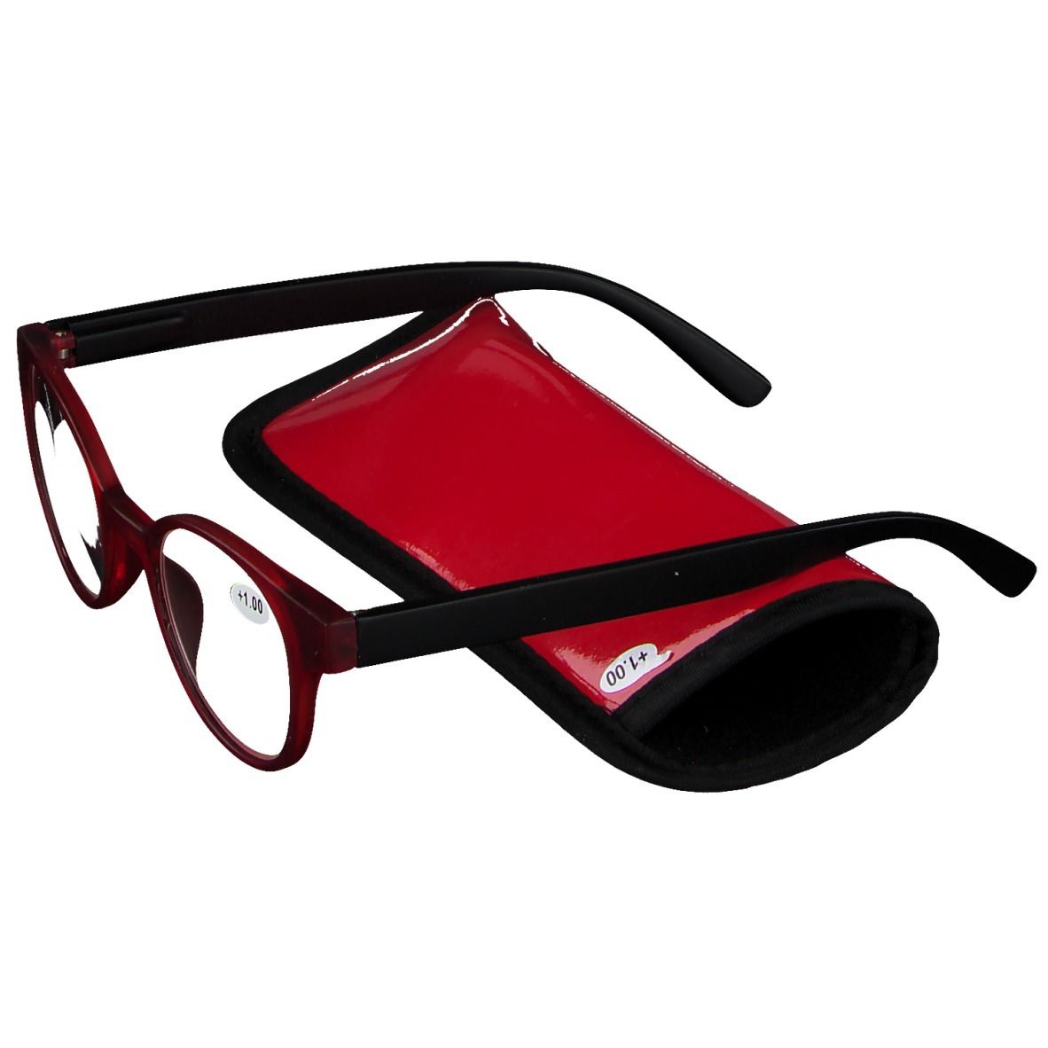 Occhiali da lettura rotondi rossi e neri con custodia rossa. +1.00 sul vetro. Montatura piegata.
