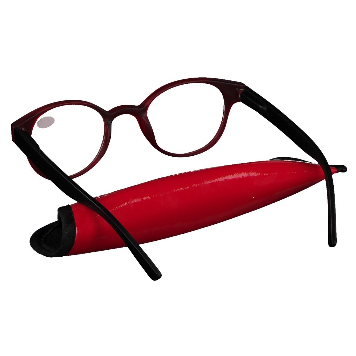 Occhiali da lettura rotondi rossi e neri con custodia rossa. +1.00 sul vetro. Montatura piegata.