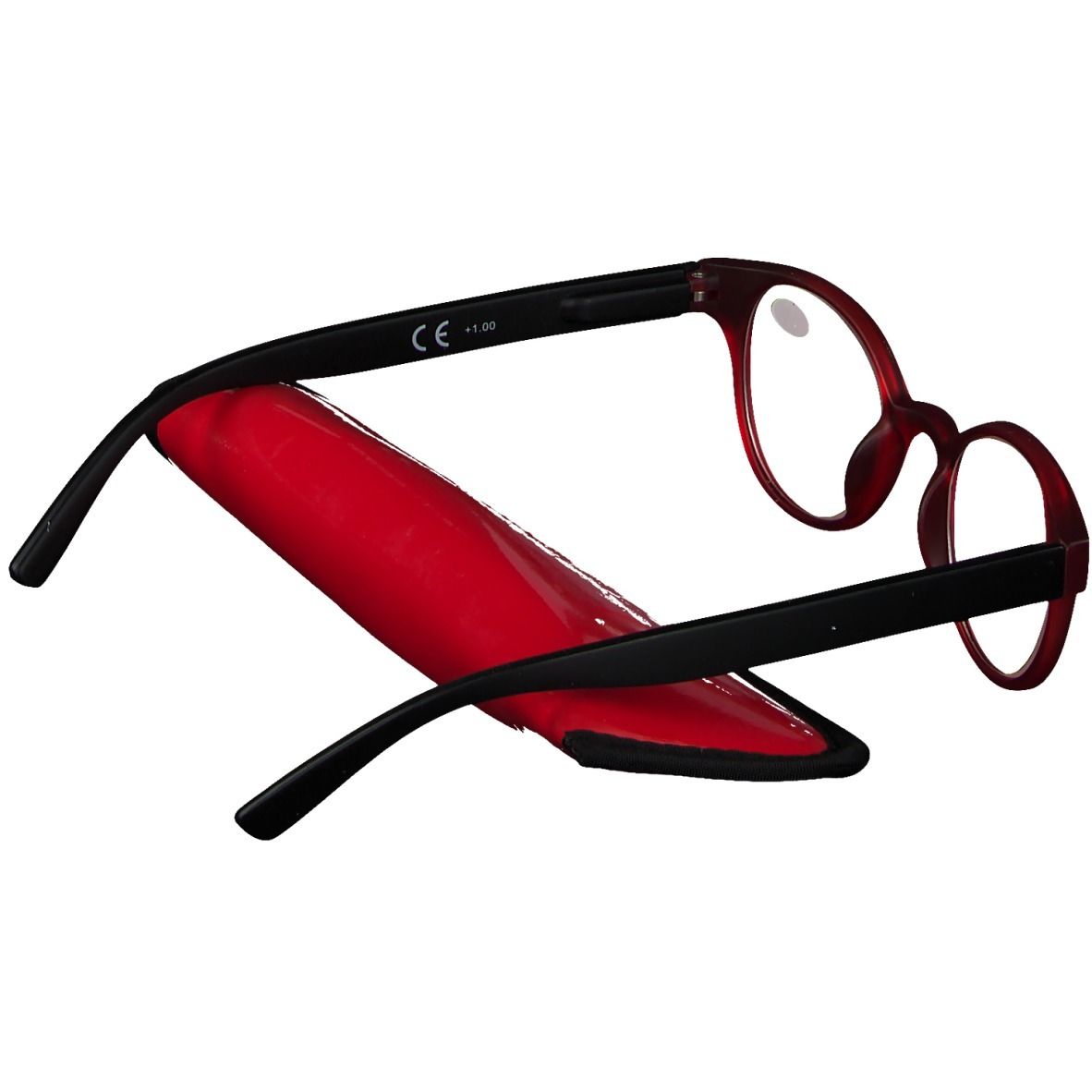Occhiali da lettura rotondi rossi e neri con custodia rossa. +1.00 sul vetro. Montatura piegata.