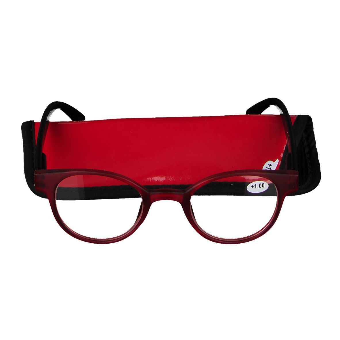 Occhiali da lettura rotondi rossi e neri con custodia rossa. +1.00 sul vetro. Montatura piegata.