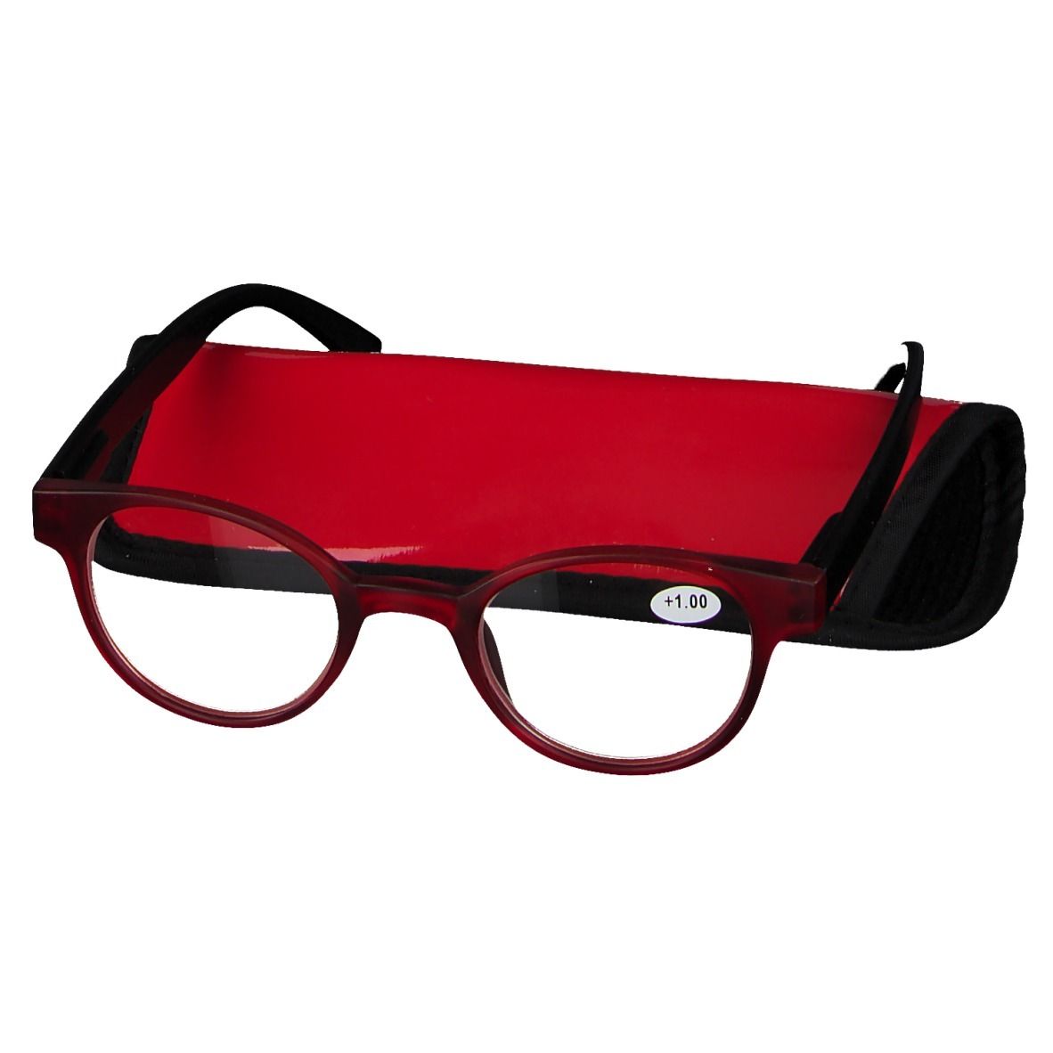 Occhiali da lettura rotondi rossi e neri con custodia rossa. +1.00 sul vetro. Montatura piegata.