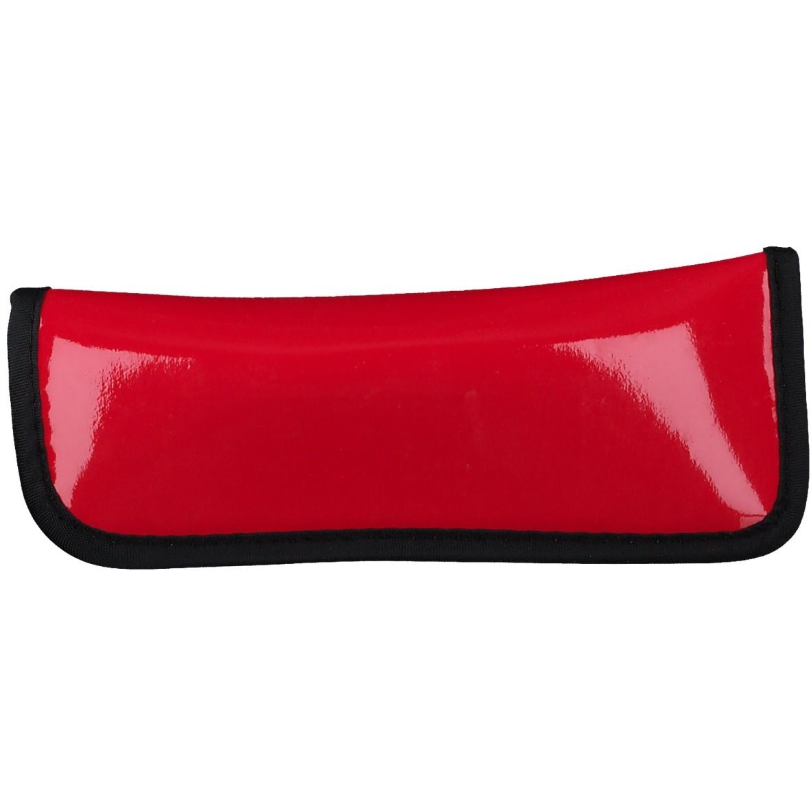 Custodia per occhiali rossa lucida con bordo nero. Forma chiusa.