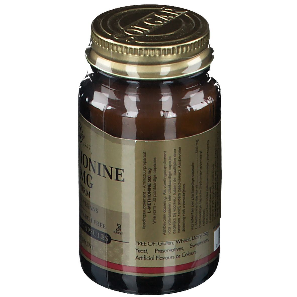 Flacone di vetro marrone con coperchio dorato. Etichetta con informazioni sul prodotto. Contiene "L-Metionina 500 mg". Marca: Solgar.