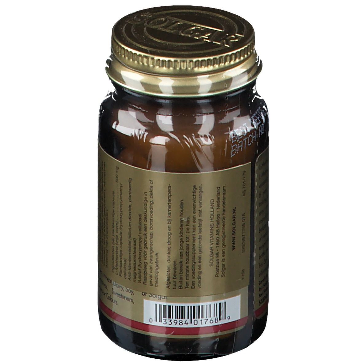 Retro di un flacone di vetro marrone con coperchio dorato. Etichetta con informazioni sul prodotto e codice a barre. Marca: Solgar.