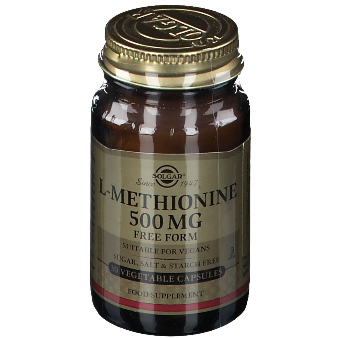Flacone di vetro marrone con coperchio dorato. Etichetta "L-Metionina 500 mg" e "30 capsule vegetali". Marca: Solgar.