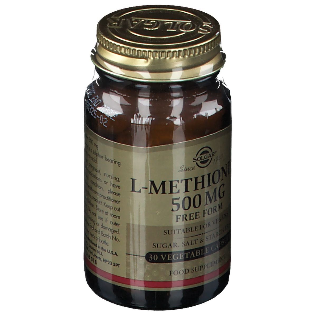 Flacone di vetro marrone con coperchio dorato. Etichetta "L-Metionina 500 mg" e "30 capsule vegetali". Marca: Solgar.