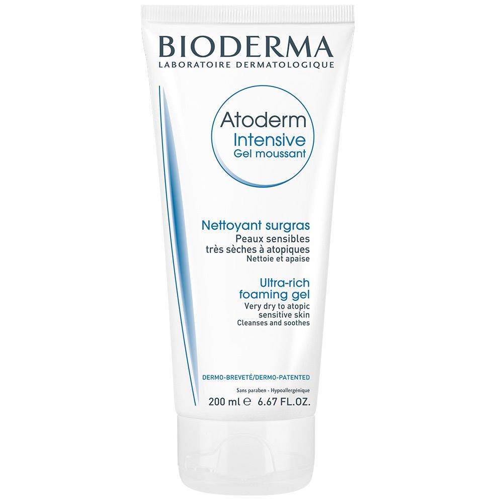Tubo bianco BIODERMA Atoderm Intensive. Testo: Ultra-rich foaming gel, per pelli molto secche e atopiche. 200 ml.