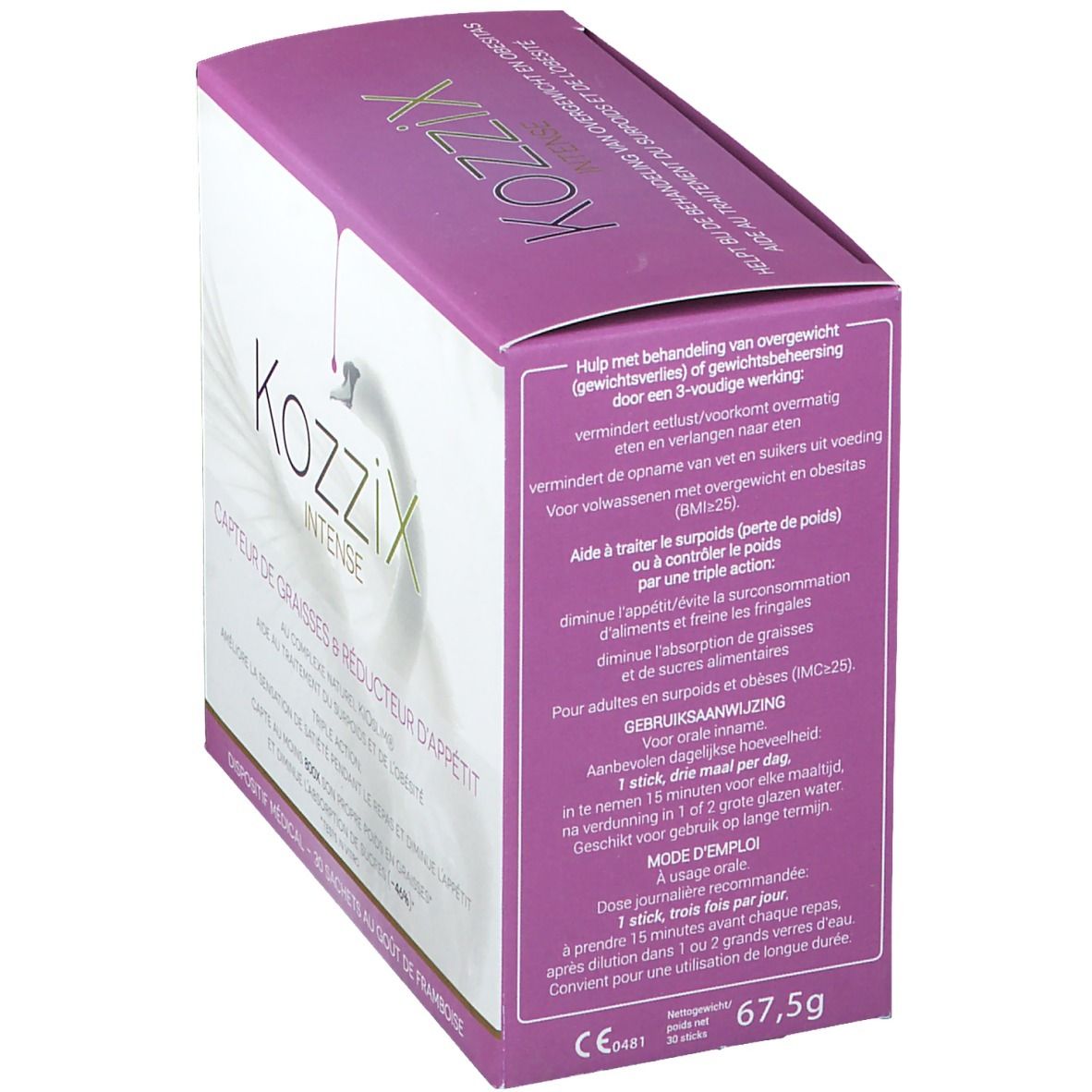 Confezione Kozzix Intense. Scatola rosa e bianca con testo in olandese. 'Hulp met behandeling van overgewicht'.